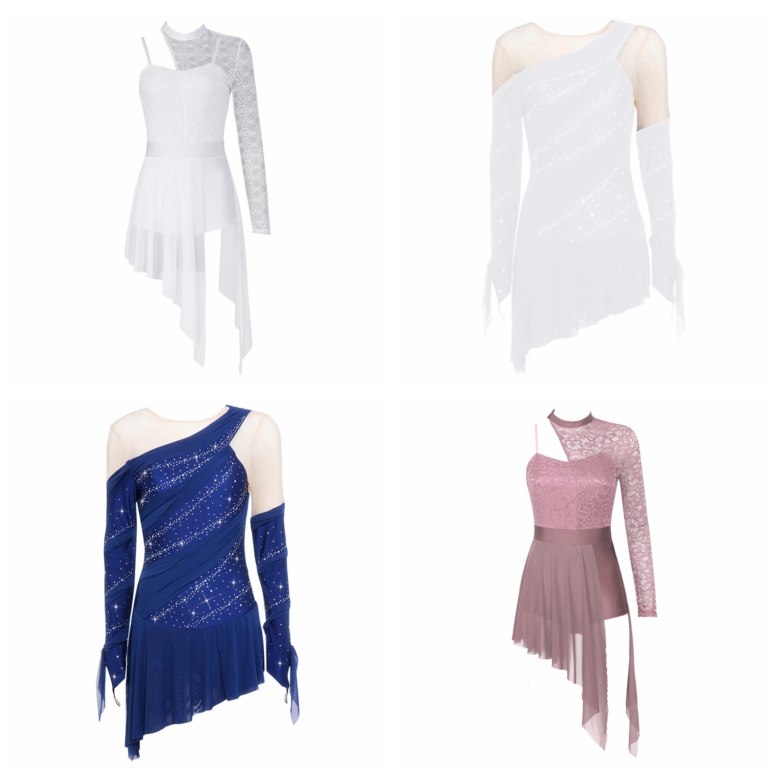 Rhinestone Banding Trim - 女性用ラインストーン付きリリカルダンスアイススケート衣装 大人用メッシュスプライスバレエ体操レオタード ガールズフィギュアスケートドレス