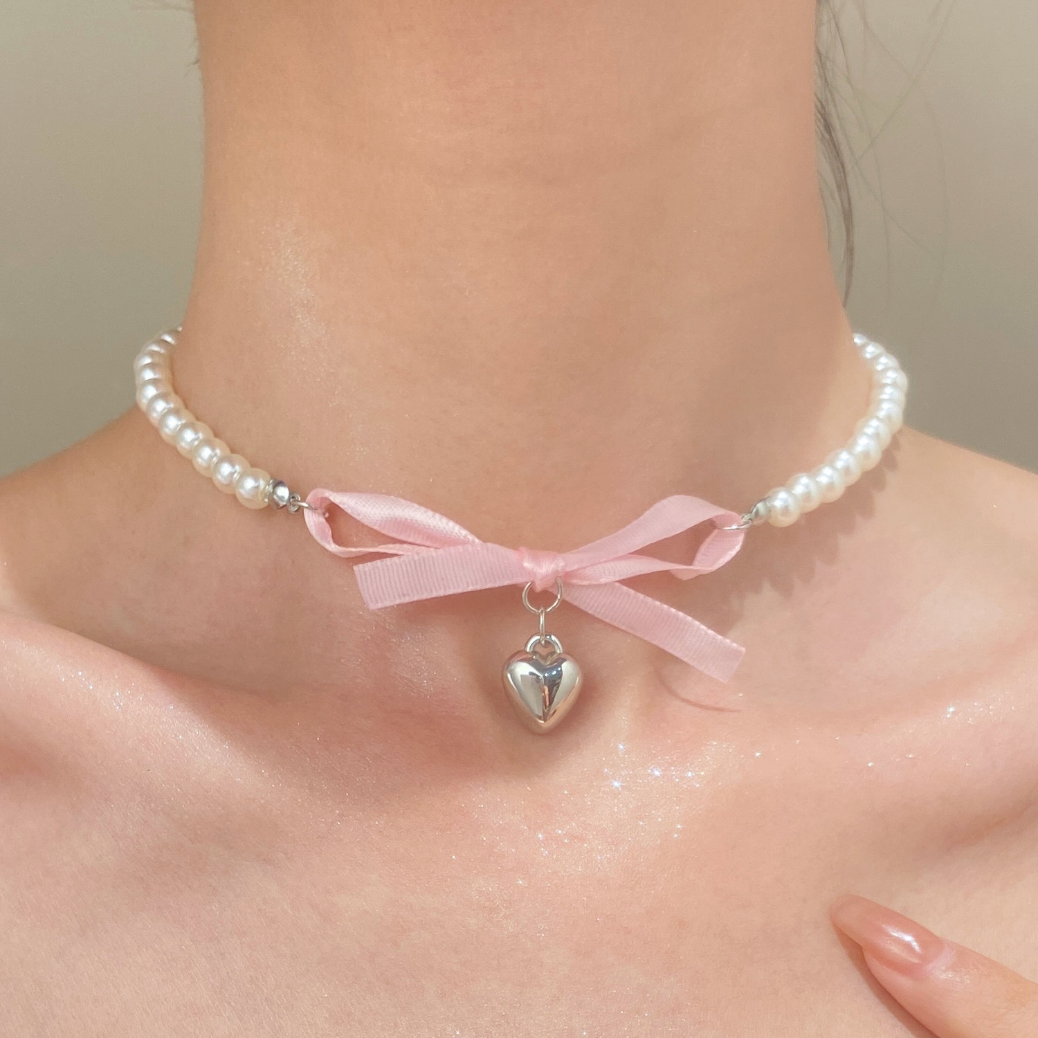 Pearl Trim Chain - 蝶ネクタイで作られた真珠のネックレス,フランスのロマンチックなジュエリー,純粋な光沢のある,トレンディ,新しい,2024