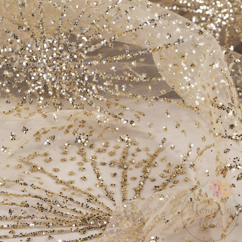 装飾チュール生地メタリックゴールド花刺繍ブライダルベールアー - Crystal Mesh Fabric のレビューと価格
